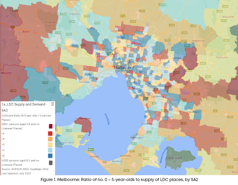 Figure 1. Melbourne: Ratio of no. 0 - 5-year-olds to supply of LDC places, by SA2