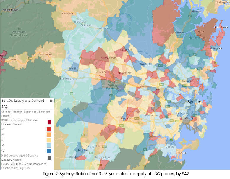 Figure 2. Sydney: Ratio of no. 0 - 5-year-olds to supply of LDC places, by SA2