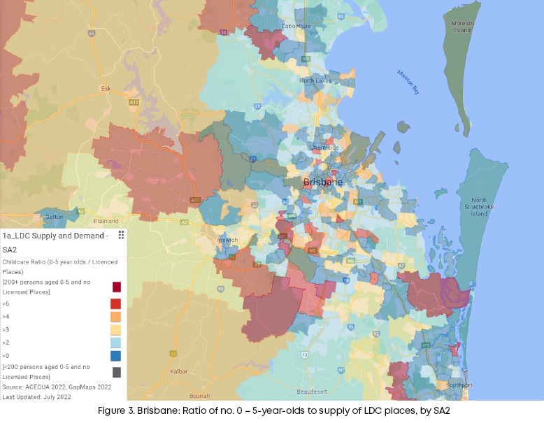 Figure 3. Brisbane: Ratio of no. 0 - 5-year-olds to supply of LDC places, by SA2